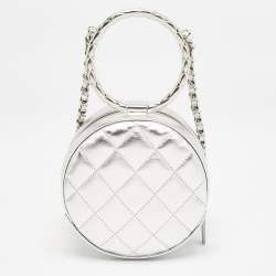 Chanel Silver Quilted Leather Round Bracelet Clutch