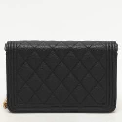 Chanel Black Quilted Caviar Leather Boy Wallet On Chain