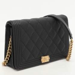 Chanel Black Quilted Caviar Leather Boy Wallet On Chain