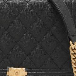 Chanel Black Quilted Caviar Leather Boy Wallet On Chain