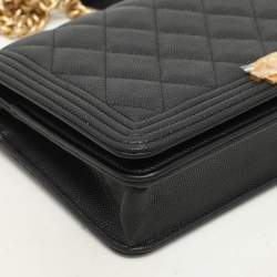 Chanel Black Quilted Caviar Leather Boy Wallet On Chain