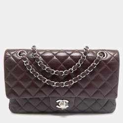 Pre Owned Chanel Burgundy Quilted Caviar Leather Medium Classic Double Flap Bag