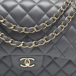 Pre Owned Chanel Grey Quilted Leather Jumbo Classic Double Flap Bag