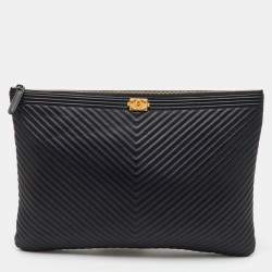 Chanel Black Leather Boy Chevron Large O-Case Zip Pouch