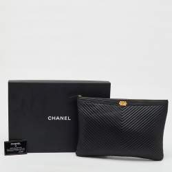 Pre Owned Chanel Black Leather Boy Chevron Large O-Case Zip Pouch