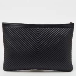 Pre Owned Chanel Black Leather Boy Chevron Large O-Case Zip Pouch