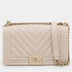 Chanel Beige Chevron Quilted Soft Caviar Leather Medium Boy Flap Bag