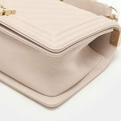 Pre Owned Chanel Beige Chevron Quilted Soft Caviar Leather Medium Boy Flap Bag