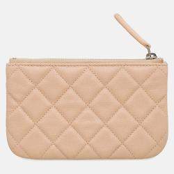 Pre Owned Chanel CC Logo Mini Beige Caviar Leather Pouch Bag