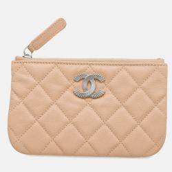 Pre Owned Chanel CC Logo Mini Beige Caviar Leather Pouch Bag