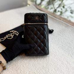 Pre Owned Chanel CC Vanity Black Leather Verical Phone Holder with Chain