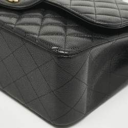 Pre Owned Chanel Black Quilted Caviar Leather Jumbo Classic Double Flap Bag