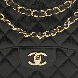 Pre Owned Chanel Black Quilted Caviar Leather Jumbo Classic Double Flap Bag