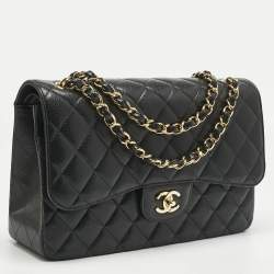 Pre Owned Chanel Black Quilted Caviar Leather Jumbo Classic Double Flap Bag