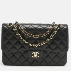 Pre Owned Chanel Black Quilted Caviar Leather Jumbo Classic Double Flap Bag