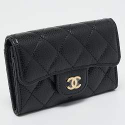 Pre Owned Chanel Black Quilted Caviar Leather Classic Flap Card Holder