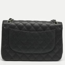Pre Owned Chanel Black Quilted Caviar Leather Jumbo Classic Double Flap Bag