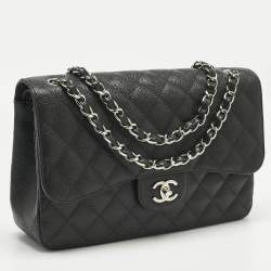 Pre Owned Chanel Black Quilted Caviar Leather Jumbo Classic Double Flap Bag