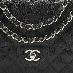 Pre Owned Chanel Black Quilted Caviar Leather Jumbo Classic Double Flap Bag
