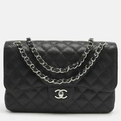 Pre Owned Chanel Black Quilted Caviar Leather Jumbo Classic Double Flap Bag