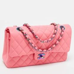 Pre Owned Chanel Pink Quilted Caviar Leather Medium Classic Double Flap Bag