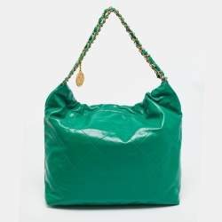 Pre Owned Chanel Green Quilted Leather Medium 22 Chain Bag