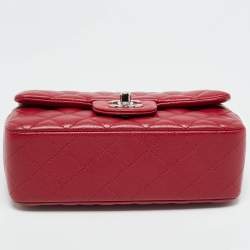 Pre Owned Chanel Red Quilted Caviar Leather Mini Classic Single Flap Bag