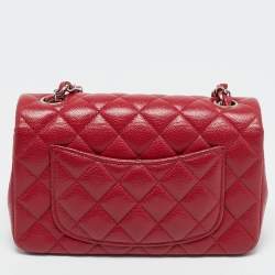 Pre Owned Chanel Red Quilted Caviar Leather Mini Classic Single Flap Bag