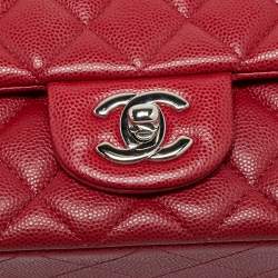 Pre Owned Chanel Red Quilted Caviar Leather Mini Classic Single Flap Bag