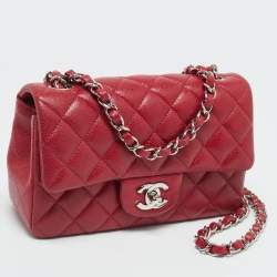 Pre Owned Chanel Red Quilted Caviar Leather Mini Classic Single Flap Bag