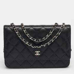 Pre Owned Chanel Black Quilted Caviar Leather Classic Wallet on Chain