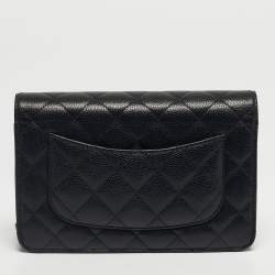 Pre Owned Chanel Black Quilted Caviar Leather Classic Wallet on Chain