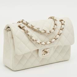 Pre Owned Chanel Off White Quilted Caviar Leather Small Classic Double Flap Bag