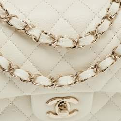 Pre Owned Chanel Off White Quilted Caviar Leather Small Classic Double Flap Bag