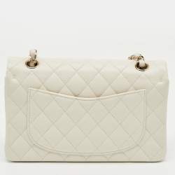 Pre Owned Chanel Off White Quilted Caviar Leather Small Classic Double Flap Bag