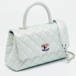 Pre Owned Chanel Blue Iridescent Quilted Caviar Leather Mini Coco Top Handle Bag