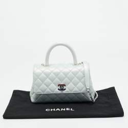 Pre Owned Chanel Blue Iridescent Quilted Caviar Leather Mini Coco Top Handle Bag