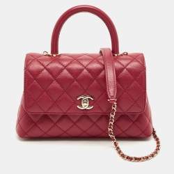 Pre Owned Chanel Red Quilted Caviar Leather Mini Coco Top Handle Bag