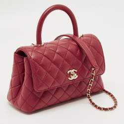 Pre Owned Chanel Red Quilted Caviar Leather Mini Coco Top Handle Bag