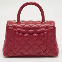 Pre Owned Chanel Red Quilted Caviar Leather Mini Coco Top Handle Bag
