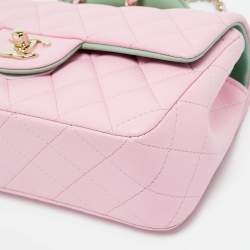 Pre Owned Chanel Pink/Green Quilted Leather Mini Rectangular Top Handle Bag