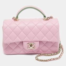 Pre Owned Chanel Pink/Green Quilted Leather Mini Rectangular Top Handle Bag