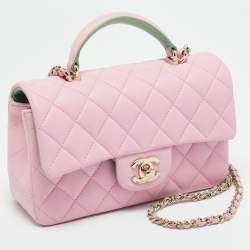 Pre Owned Chanel Pink/Green Quilted Leather Mini Rectangular Top Handle Bag