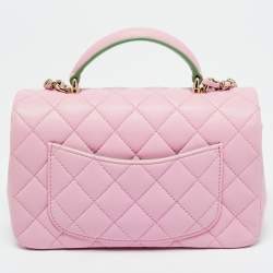 Pre Owned Chanel Pink/Green Quilted Leather Mini Rectangular Top Handle Bag