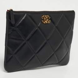 Pre Owned Chanel 19 Medium Black Quilted Leather O Case Clutch