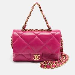 Pre Owned Chanel Small Fuchsia Quilted Leather Chain Top Handle Bag