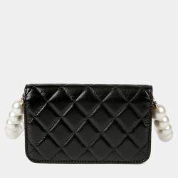 مملوكة مسبقًا محفظة شانيل جلد أسود بحزام لؤلؤ سلسلة
