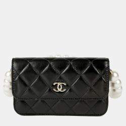 Pre Owned Chanel Pearl Strap Black Leather Wallet On Chain