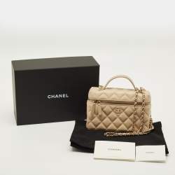 Pre Owned Chanel Vanity Case Slim Beige Quilted Caviar Leather Shoulder Bag