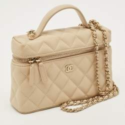 Pre Owned Chanel Vanity Case Slim Beige Quilted Caviar Leather Shoulder Bag